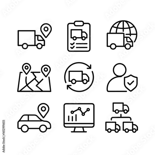 Vehicle fleet management icons. Outline symbols. Line design