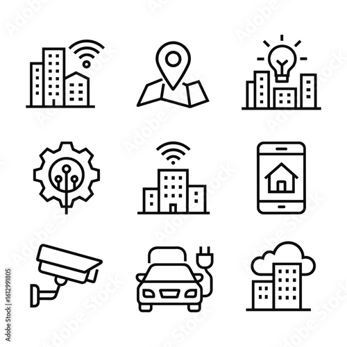 Smart city technology icons collection. Outline symbols. Line design