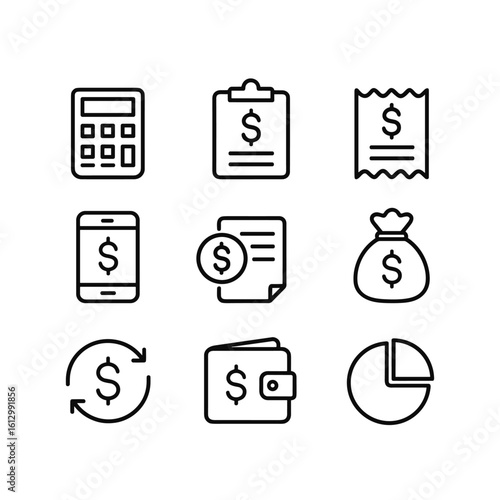 Financial tracking icon collection. Outline symbols. Line design
