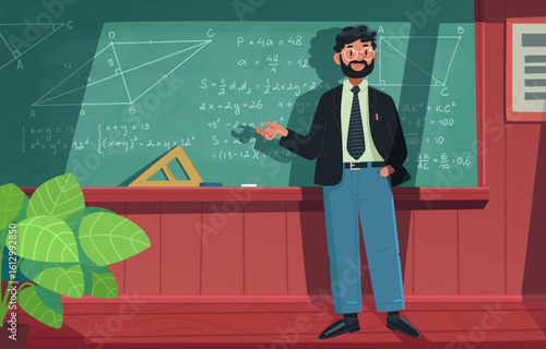 Male geometry teacher standing at blackboard in school classroom. Vector illustration