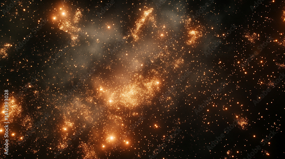 Fototapeta premium Golden sparks and dust in a dark night sky resembling a nebula or galaxy