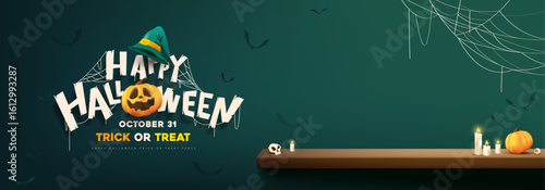 Halloween banner with jack o lantern, witch hat, wooden table, candles, bats and decorative typography for seasonal promotion