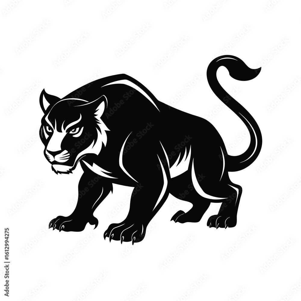 Obraz premium Dynamic black silhouette of a crouching tiger poised to strike in a powerful action pose