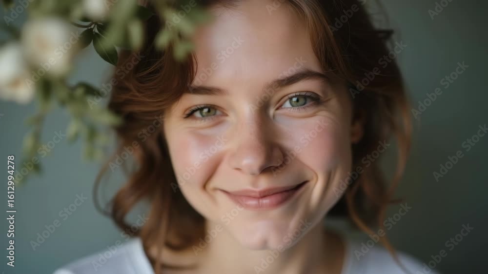 Close-up portrait showing headshot of young woman with fair complexion and natural smile. Headshot highlights her expressive eyes and auburn curly hair, complimented by soft lighting. Close-up portrait showing headshot of young woman with fair complexion and natural smile. Headshot highlights her expressive eyes and auburn curly hair, complimented by soft lighting.