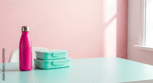 Pink water bottle and teal lunch boxes sit on a light teal table against a pink wall.