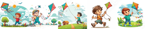 Foto VECTOR IMAGE OF A BOY PLAYING WITH A KITE WITH A WHITE BACKGROUND