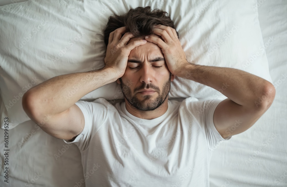 Man lies on bed with hands cradling his head, chin on knees. Furrowed brow suggests thought or concern. White t-shirt, white pillow, gray blanket. Neat bed, calm atmosphere. Man lies on bed with hands cradling his head, chin on knees. Furrowed brow suggests thought or concern. White t-shirt, white pillow, gray blanket. Neat bed, calm atmosphere.