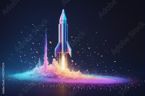 Colorful Rocket Launch with Vibrant Smoke Trail. Generative AI. 