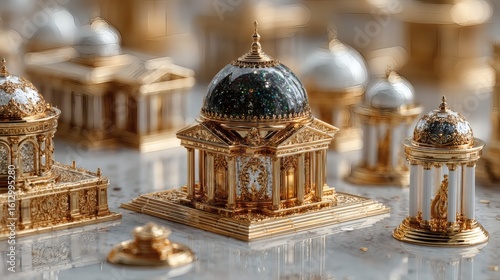 Golden Architectural Miniatures with Black and Gold Domes on Reflective Surface
