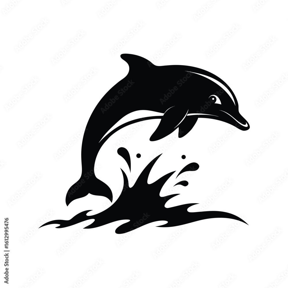 Fototapeta premium Dynamic black silhouette of a dolphin leaping gracefully over a stylized water splash