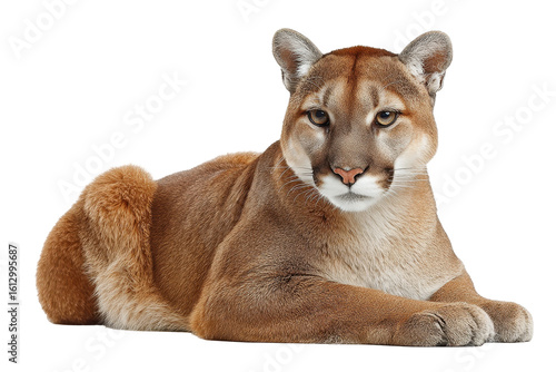 Majestic Cougar Lying Down Brown Fur Wild Cat Predator, isolated on a transparent background