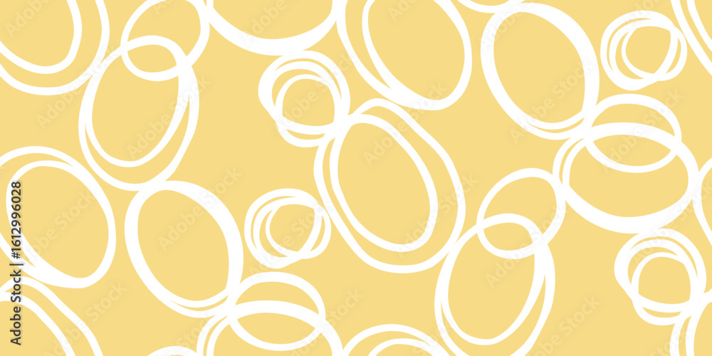 Fototapeta premium Minimalistic seamless vector pattern with white hand drawn circular lines on a soft yellow background. Perfect for modern design projects, branding, packaging, fabric prints, and digital art.