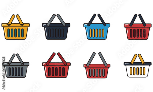 A Diverse Collection of Colorful Shopping Baskets: Vibrant Hues and Modern Designs for Retail, Groceries, and Everyday Carrying Needs