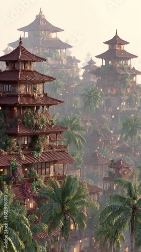 Traditional Asian Wooden Village with Multi-tiered Pavilions Surrounded by Lush Greenery in Misty Mountain Setting