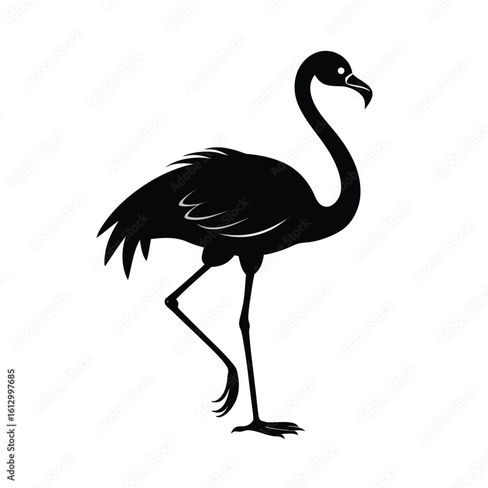 Fototapeta premium Elegant black silhouette of a flamingo gracefully standing on one leg against a clean background
