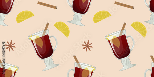 Seamless pattern with spices and glass of mulled wine. Vector illustration. Repeating background for fabric, textiles, clothing, wrapping paper, cover, banner, home decor, abstract background.