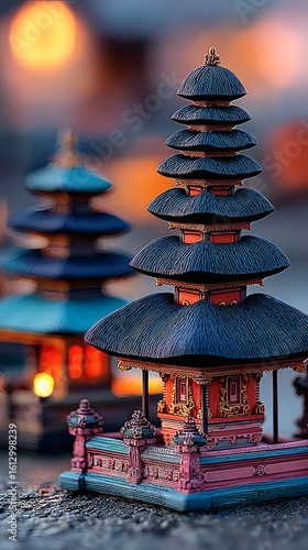 Colorful Miniature Pagoda Model with Traditional Architecture and Blue Roofs in Evening Setting