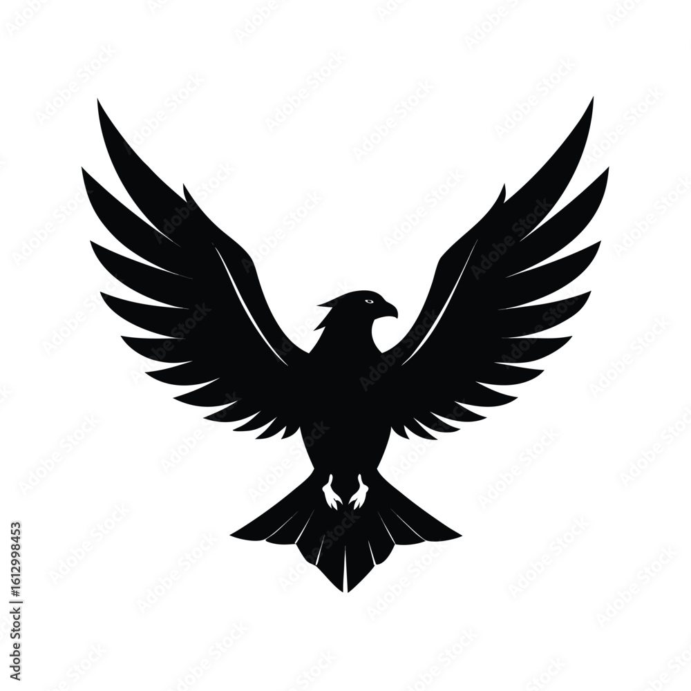 Obraz premium Majestic black silhouette of an eagle with wings spread wide for banner or advertisement use