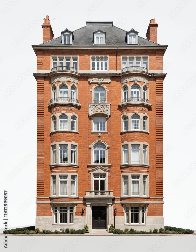 Obraz premium Two-story brick building with harmonious blend of warm earthy tones. Ground floor porch bench small garden. Second floor houses windows overlooking city. White windows punctuate walls gray roof adds