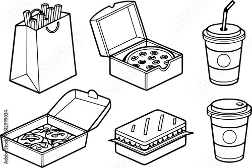 Minimalist Line Art of Fast Food Takeout Containers – Pizza Box, Coffee Cup, Chinese Box, Burger Clamshell, and More in Clean Black-and-White Style
