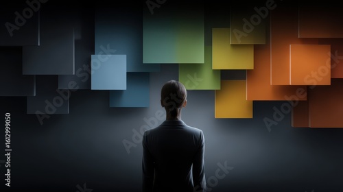 Exploring emotions and marketing strategies through abstract human silhouette and colorful floating blocks