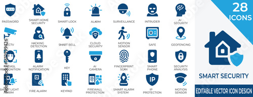 Modern vector icons featuring smart security devices and AI-based home protection. Ideal for apps  and tech-related presentations.
