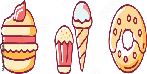 Colorful Dessert and Sweet Treats Line Art Icons - Cake, Ice Cream, and Donut