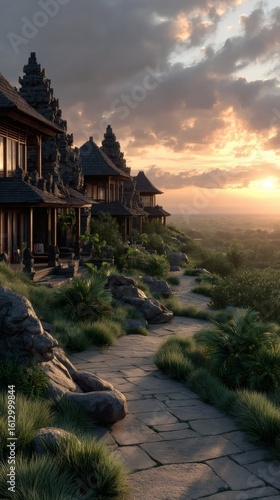 Traditional Balinese Villas on Cliffside at Sunset with Lush Garden and Stone Pathway