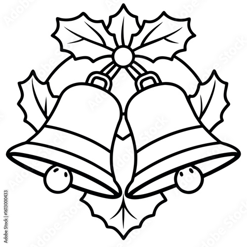 Two outline style Christmas bells are surrounded by leaves and berries on white