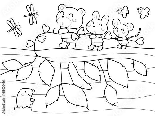 動物たちのお芋掘りの塗り絵