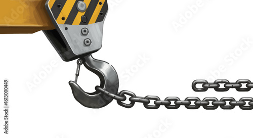 Industrial Crane Hook and Chain: Close-up Detail of Heavy-Duty Lifting Equipment.