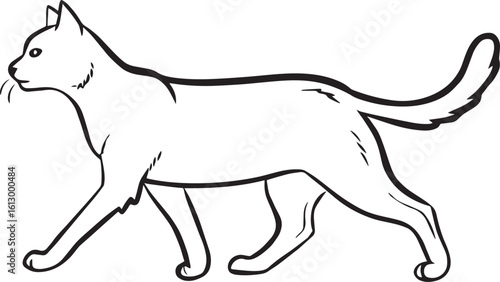 Walking Cat Side View Line Art - Domestic Feline Outline Illustration