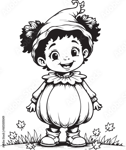 Joyful Autumnal Embrace: A whimsical illustration of a child in a festive outfit, set amidst falling leaves, evokes a sense of autumnal charm and innocent delight.