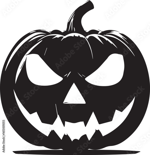 Spooky Jack-O'-Lantern Silhouette: A monochromatic jack-o'-lantern silhouette carved with a menacing expression, with glowing eyes and a wicked grin, embodying the spirit of Halloween.