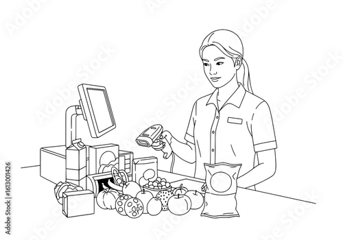 Friendly cashier scanning groceries at checkout, providing excellent customer service in a modern store.