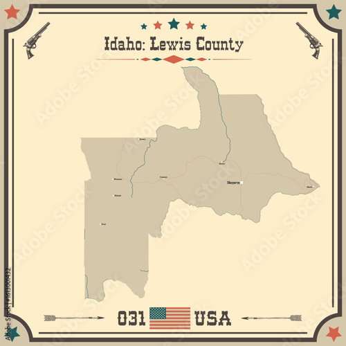 Large and accurate map of Lewis County, Idaho, USA with vintage colors.