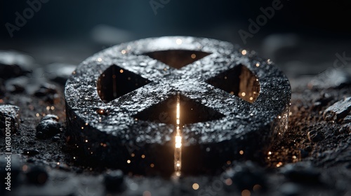 Futuristic Metal Cross Symbol Engraved in Dark Soil with Sparks and Light Reflection