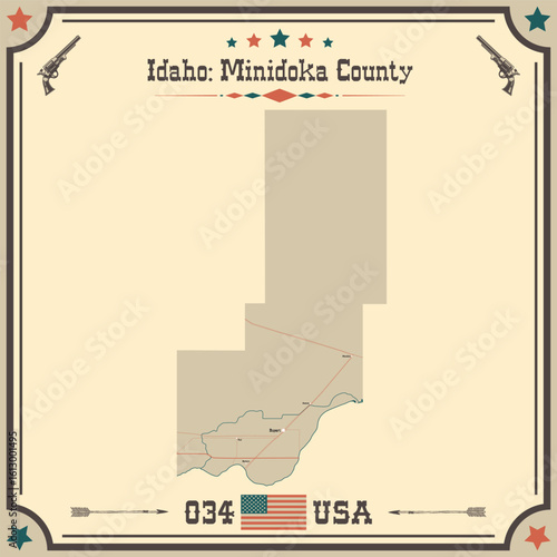 Large and accurate map of Minidoka County, Idaho, USA with vintage colors.