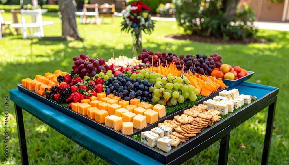 Obraz premium Colorful fruit and cheese platter on a table