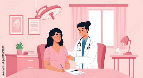 A doctor examines a patient in a medical office, while the patient fills out paperwork.