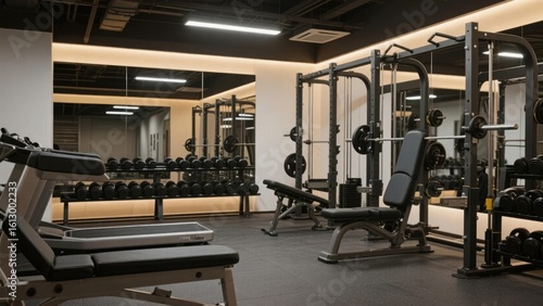 Modern gym interior with weightlifting equipment and mirrors