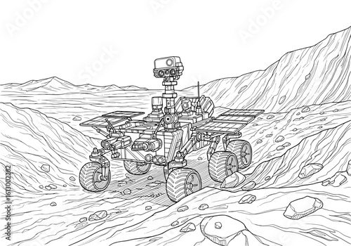 Explore distant worlds with a detailed line art Mars rover navigating rocky alien terrain.