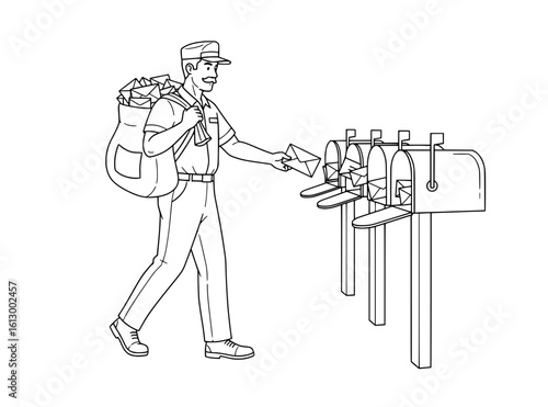 Dedicated mail carrier delivers letters to multiple mailboxes with a smile, ensuring efficient postal service.
