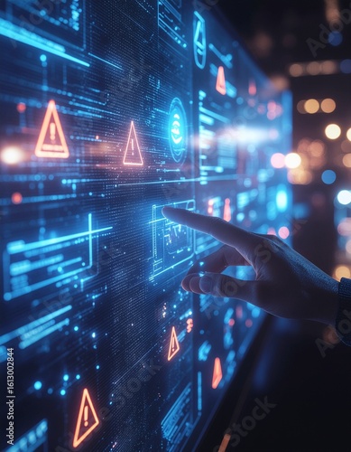 3D render of a digital interface with error alerts and hand gesture control, concept of cybersecurity risk