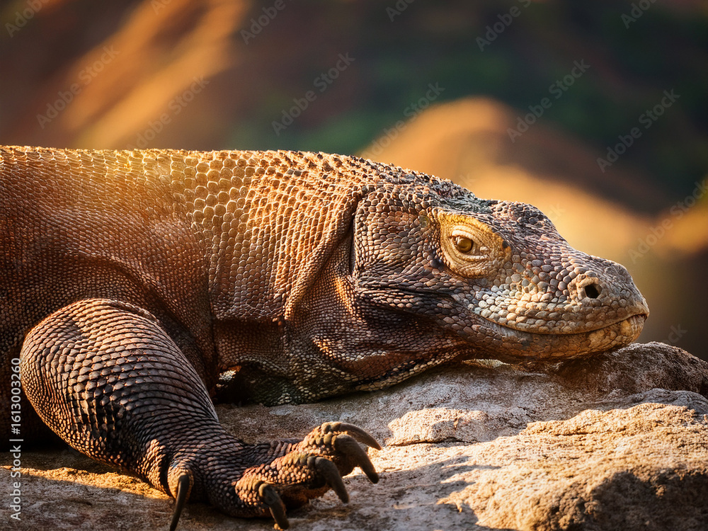 Obraz premium Majestic Komodo dragon sunbathing on rocky ground in nature Komodo dragon captured in vivid detail on sunlit rocky surface