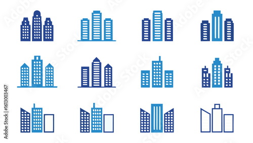 showing twelve different city skyline designs with varying building styles and window patterns