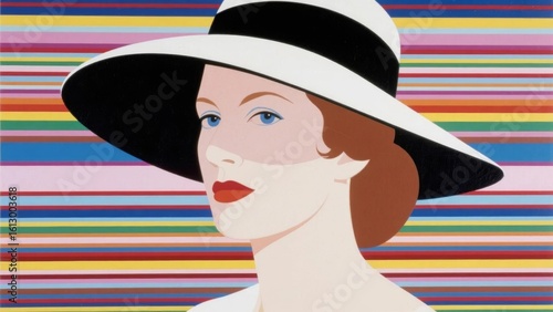 Wallpaper Mural Portrait of a Woman in a White Hat Against a Multicolored Striped Background Torontodigital.ca