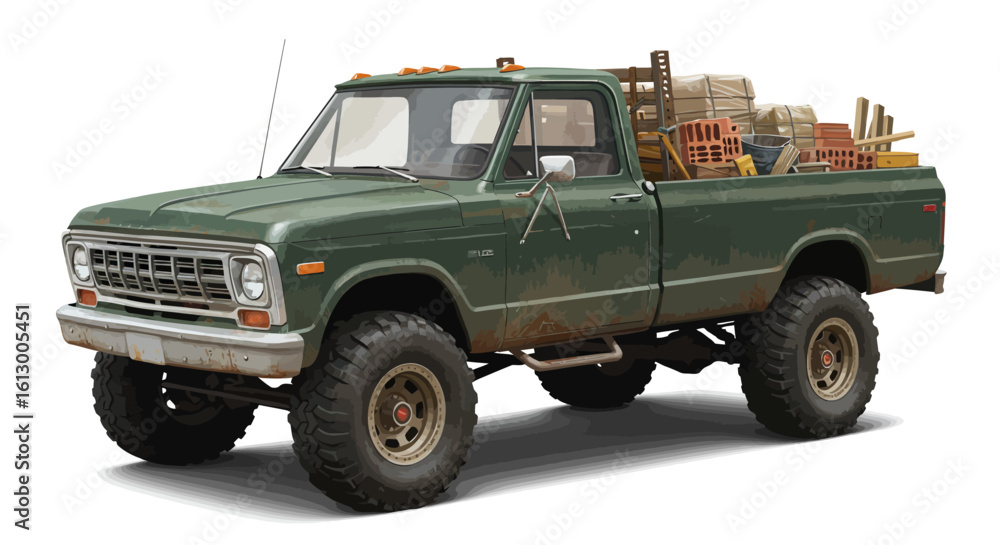 Obraz premium Rugged Green Pickup Truck Loaded with Construction Materials on White Background.