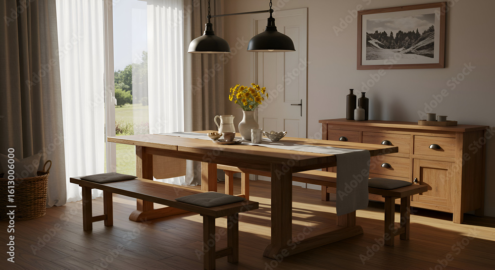 A sunny dining room scene with a rustic wooden table and benches, showcasing a casual, natural style. A sunny dining room scene with a rustic wooden table and benches, showcasing a casual, natural style.