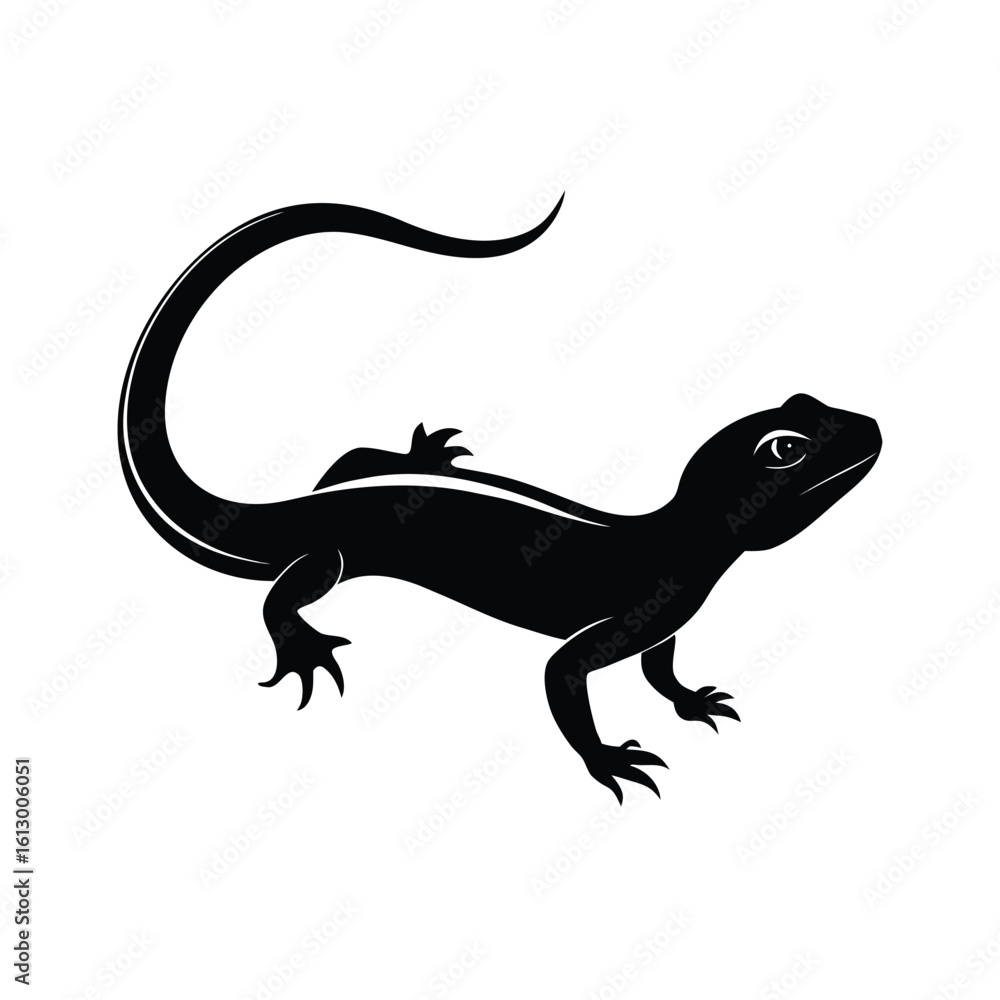 Fototapeta premium Black silhouette of a lizard crawling on a surface isolated on a white background